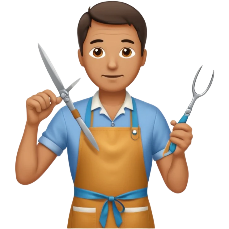 Middle-aged male florist – apron on, trimming stems with scissors emoji