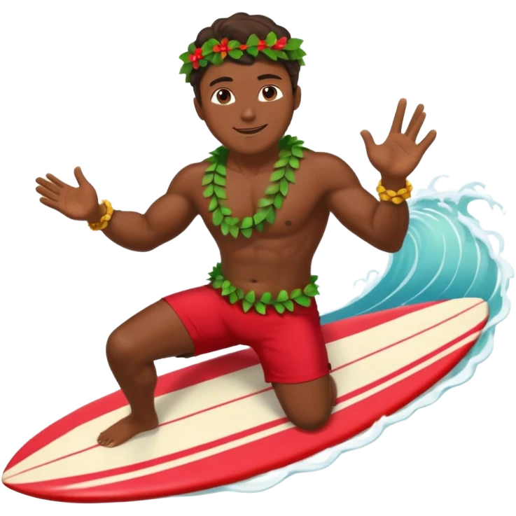 Dark muscular surfer riding big wave wearing red shorts and a head leaf lei and shell necklace emoji
