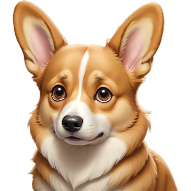Cinematic Grumpy Fawn Corgi Portrait Emoji, Head tilted slightly with a deeply unimpressed expression, showcasing a dense fawn coat with pronounced white markings, large, droopy brown eyes narrowed into an unamused glare, ears drooping in exasperation, Simplified yet comically expressive features, highly detailed, glowing with a dry, sarcastic glow, high shine, effortlessly judgmental yet dignified, stylized with a touch of cynicism, bright but brooding, soft glowing outline, capturing the essence of an eternally unimpressed yet endearing herder, so lifelike it feels like it could sigh heavily at you in disdain at any moment! emoji