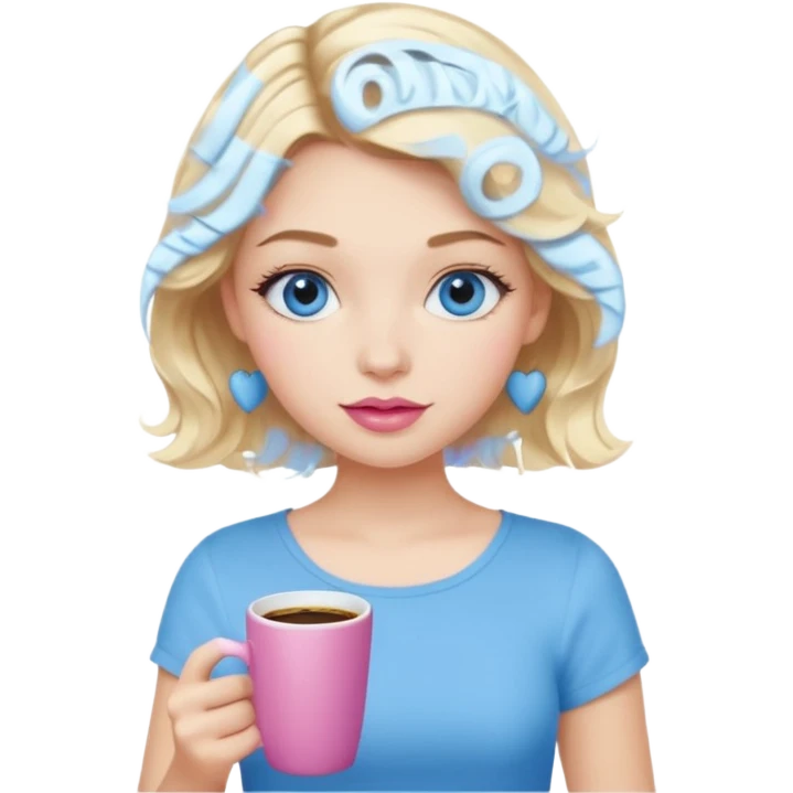Girl Blonde short wavy hair,  blue eyes, cute blue top, long lashes, pink lips, holding coffee  emoji