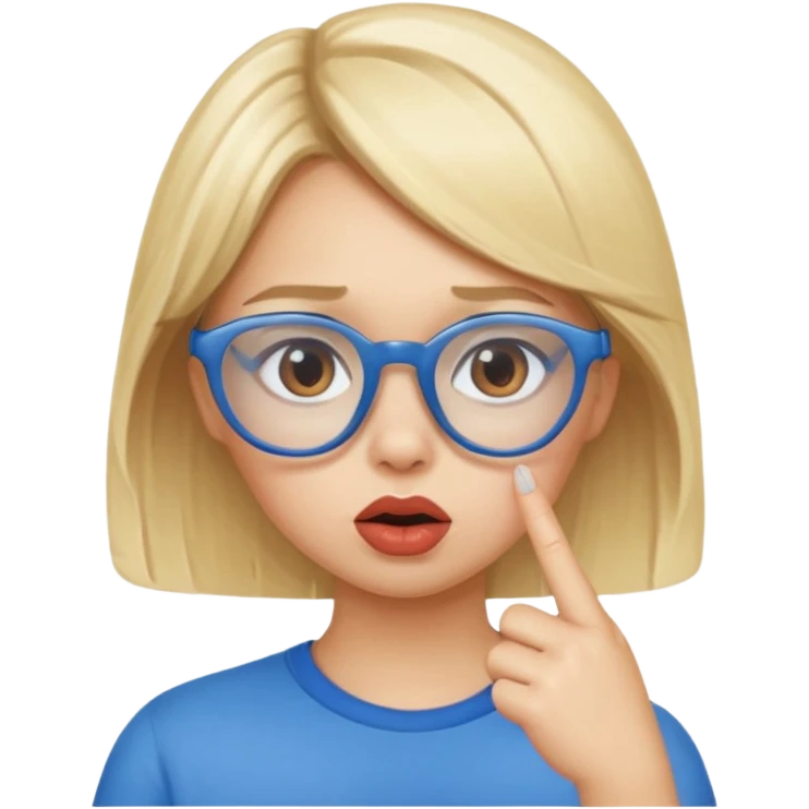 Blonde girl with brown eyes, blue glasses saying shhhh with her finger to her pouty lips emoji
