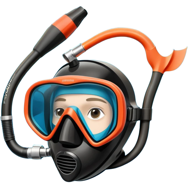 An icon featuring a close-up of a freediving mask and snorkel, with a breath-holding diver's fins, set against a vibrant underwater world. The design includes coral reefs, fish, and bubbles, symbolizing the serene beauty and thrill of freediving. Transparent background highlights the calm emoji