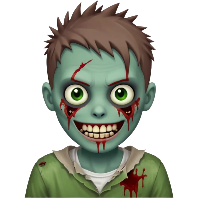 zombie boy with brown short spiky hair, white skin, and white eyes; an open smile, and bloodied teeth; emoji