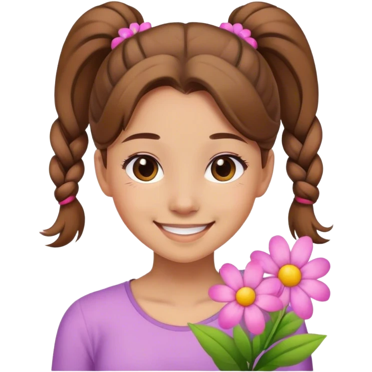 Smiling girl with flowers and brown ponytail  emoji