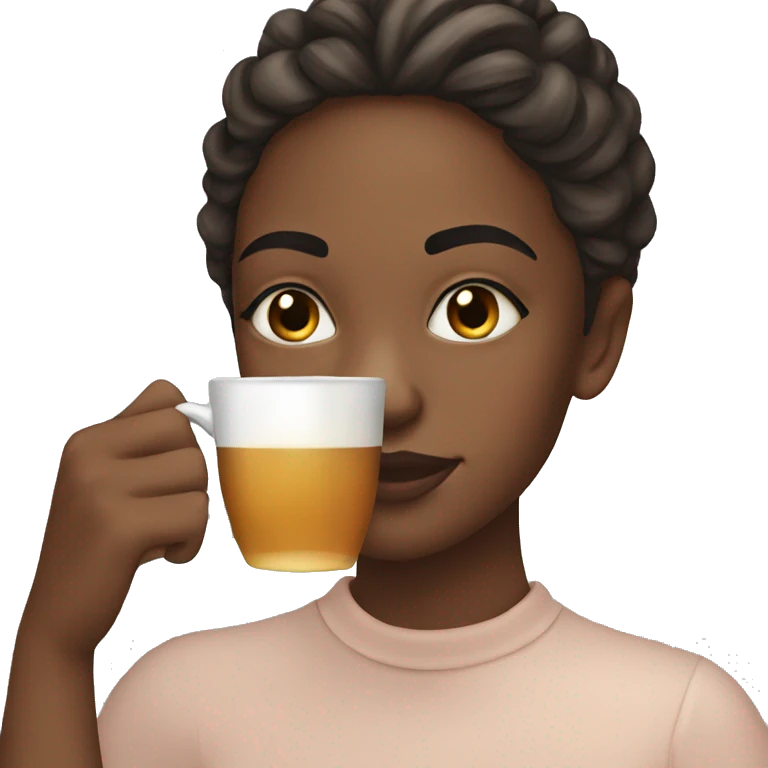 Girl sipping tea with back hair and brow eyes emoji