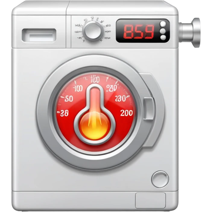 create an icon for white washing machine with big hot termometer in front emoji