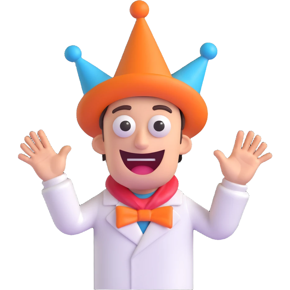 Discord role icon for a psychiatric clinic, 3D style, color #6fe8f3, patient character with multiple silly hats, crossed eyes, wacky pose, extremely weird and humorous emoji