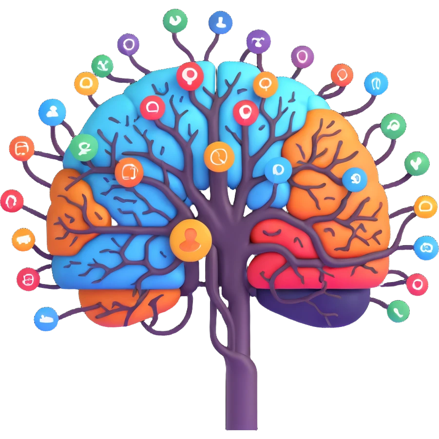 3D emoji style central AI brain with branching paths leading to diverse people and icons, each path glowing to show unique, personalized journeys in work and sales emoji