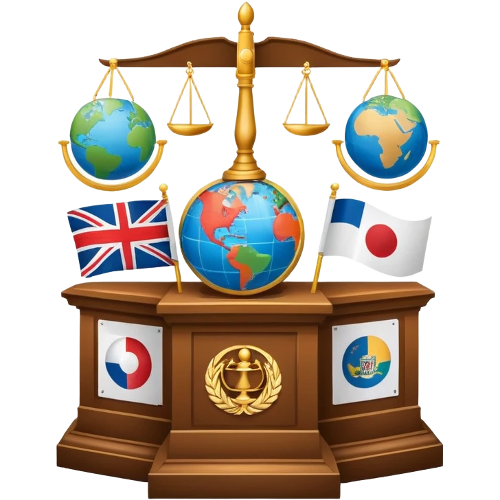 icon featuring podium with a speaker, national flags, and voting ballots, symbolizing political science. The design includes a globe and scales of justice in the background, representing governance, global affairs, and political theory. Transparent background emphasizes civic engagement and policy. emoji