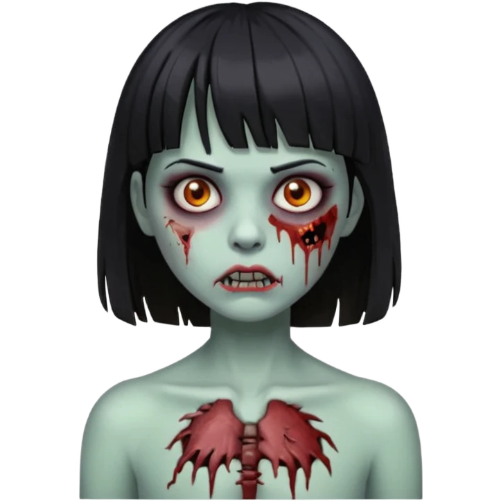 Um zumbi feminino, com cabelo preto e franja, machucados pelo rosto e torso emoji