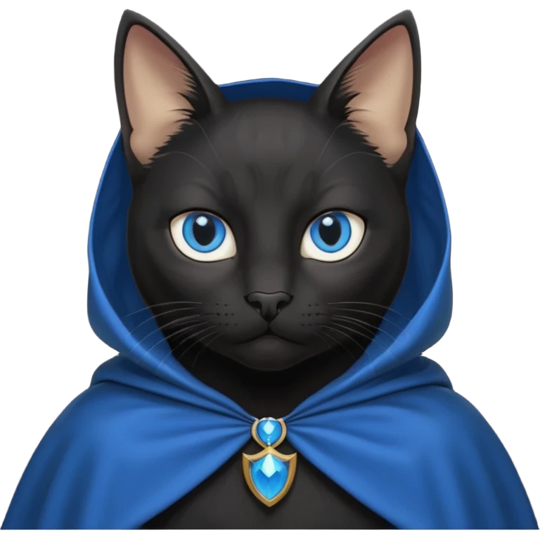 An Anthromorphic all black cat with blue eyes wearing an all black cape emoji