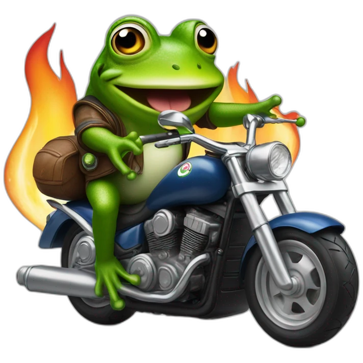 Frog riding motorcycle with fire exhaut and heineken 0 in one hand emoji