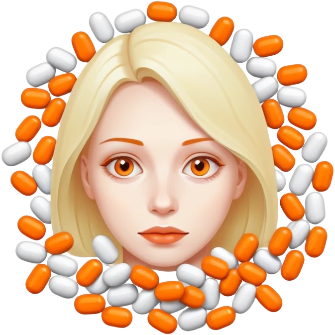 Lady in a pile of half orange and half white pills capsules emoji