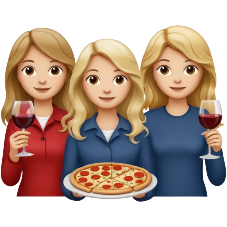 3 girls : one with wavy blond middle length hair, one with long straight long hair, one with dark blond middle length hair, each holding either a pizza, a pasta or a glass of wine emoji