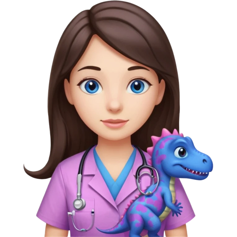 pretty brunette nurse with long hair and blue eyes in pink and purple dinosaur pattern scrubs emoji