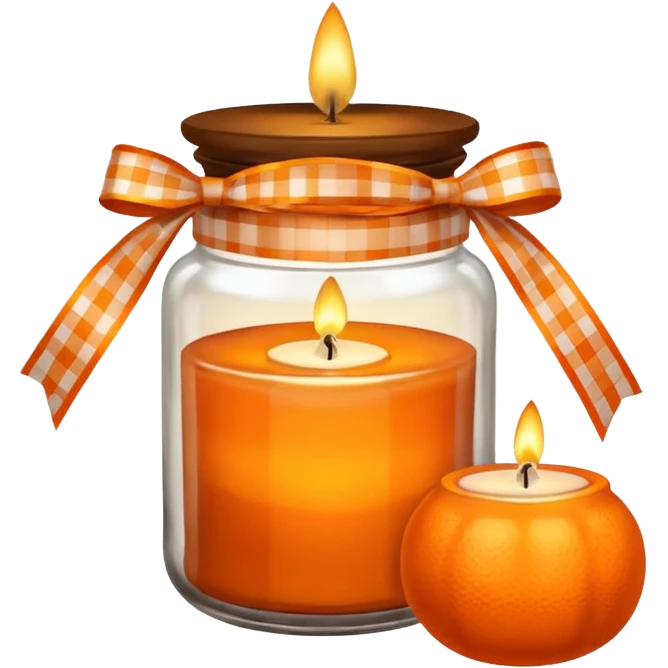 Brown jar with an orange checkered ribbon and candle in it emoji