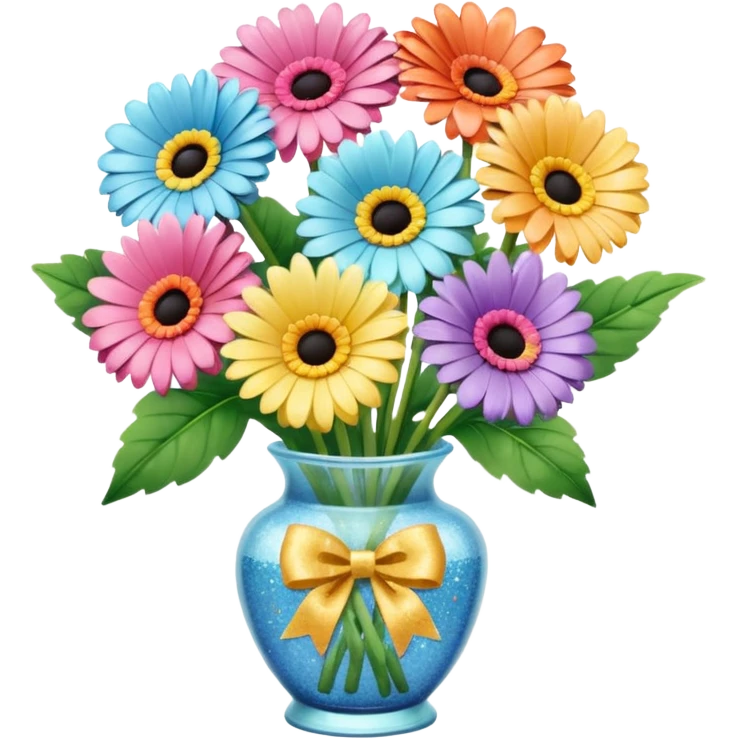 10 Various pastels Gerbera In a vase , with glitter bow  emoji