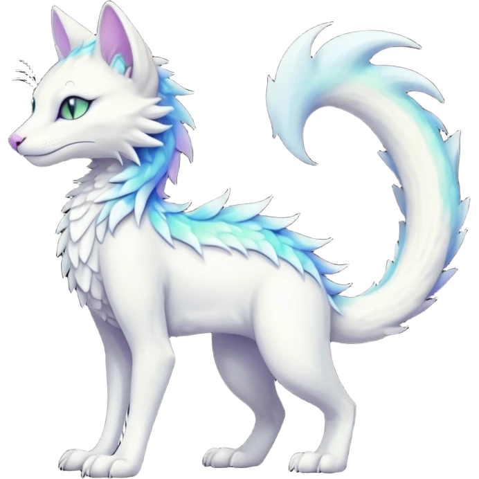 Kawaii white iridescent edgy fantasy feline-vernid-sergal-fursona animal creature with a tufted tail full body with intricate markings  emoji