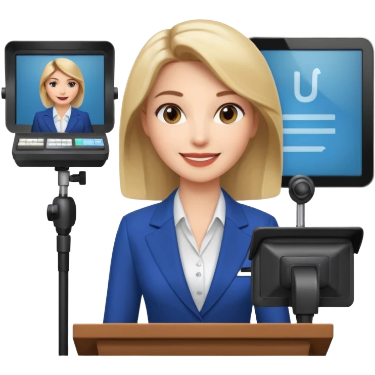 news anchor woman, with a screen with a prompter in front of her emoji