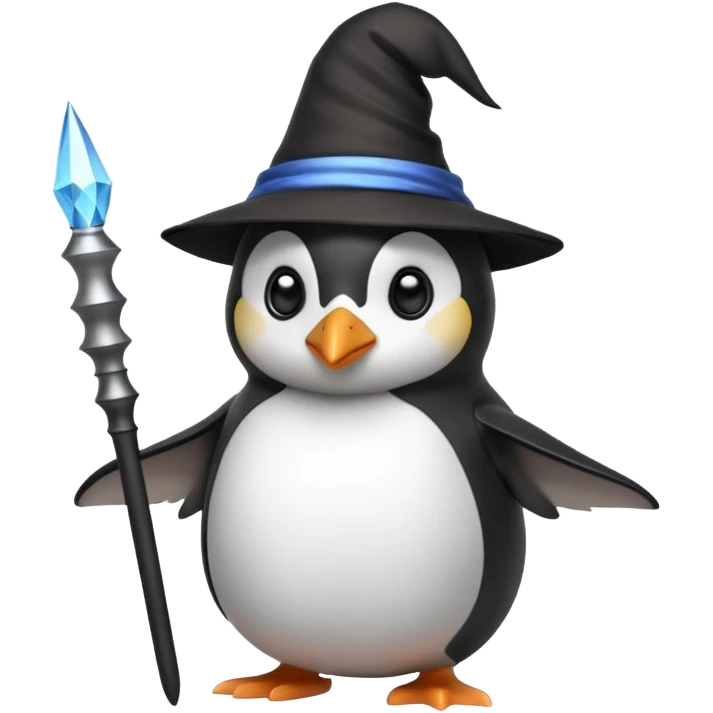 A penguin wizard with a pointy hat and a magic wand, looking magical and cute emoji