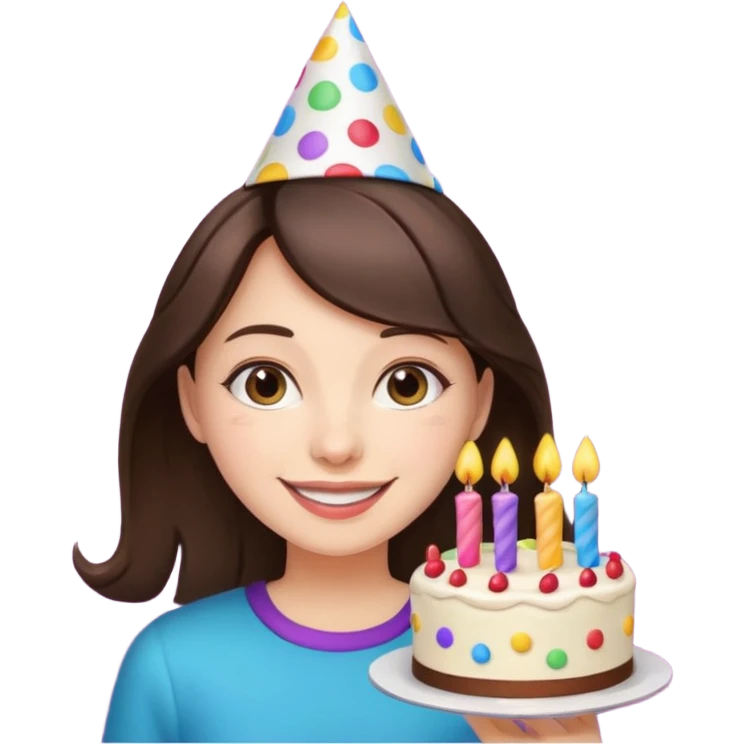 brunette girl celebrating her birthday, festive, colorful, smiling, party hat, cake emoji