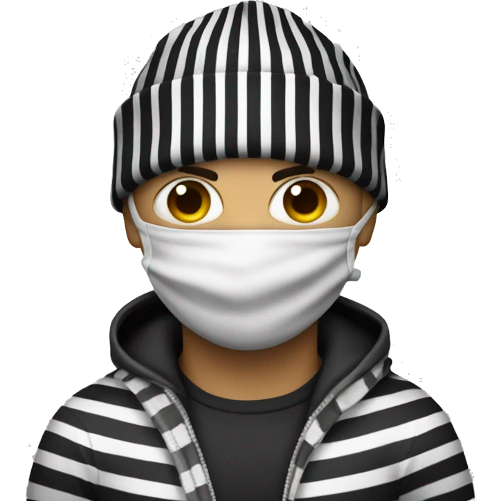 Robber with beanie and eye mask with black and white stripes, carrying a bag with a money symbol emoji