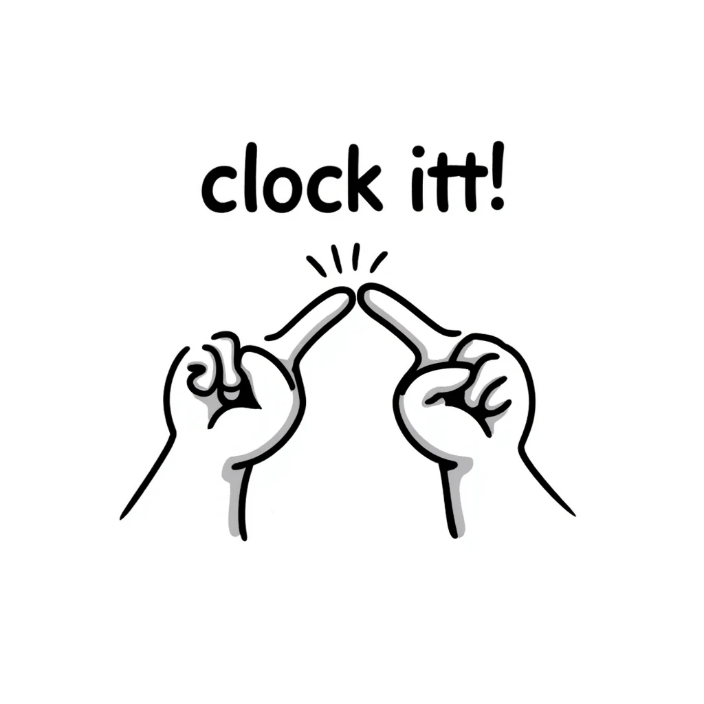 two fingers almost touching with the phrase 'clock ittt' in a fun emoji style emoji