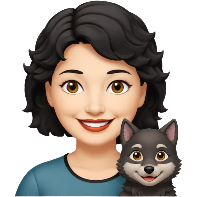 woman 60, brown eyes, very short black wavy wolf cut hair, chubby smile emoji