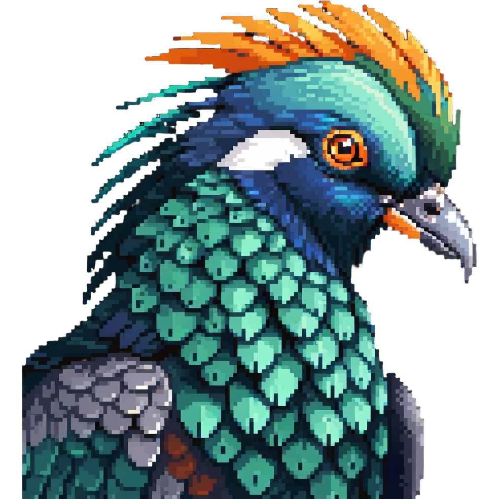 Nicobar pigeon with metallic blue-green feathers, orange beak, and white tail emoji
