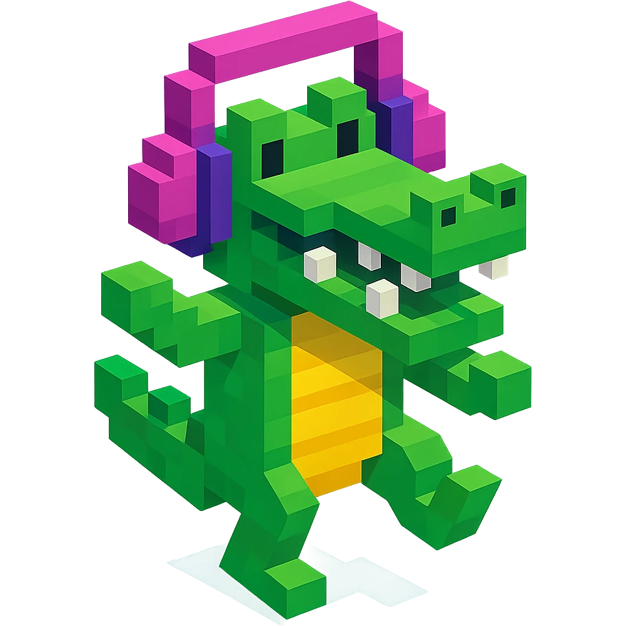 crocodile with headphones dancing, isometric view, voxel style emoji