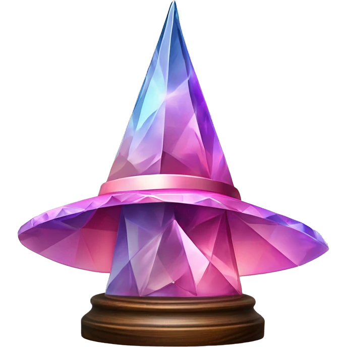 crystal sculpture witch hat with a geometric, faceted design. The hat is standing upright on a wooden stand with angular and baroque features. The vibrant midtone tints of pastels and pink highlights the sharp edges and planes.  emoji