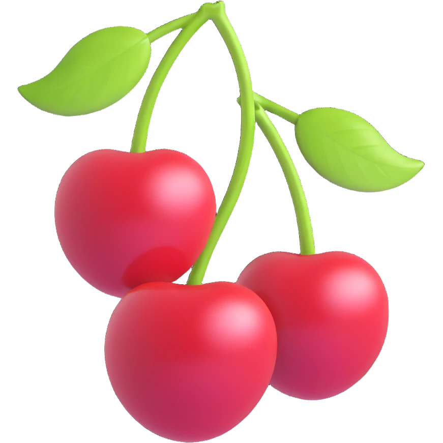 Recreate two cherries with leaves in iOS 3D emoji style, vibrant and glossy, no background. emoji
