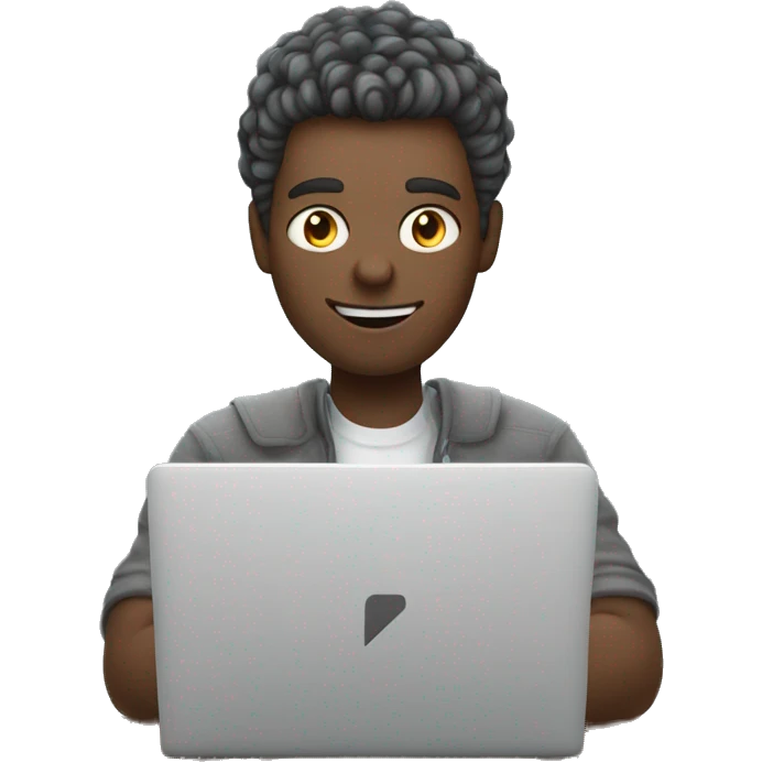 a bright guy is sitting at a laptop and working, a gray cat is sitting on his lap emoji