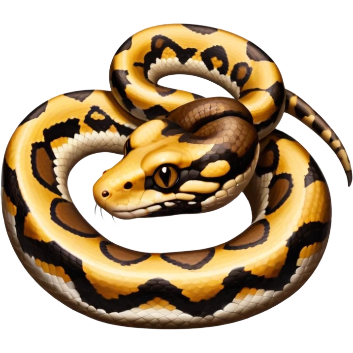 A photo-realistic digital illustration of a Ball Python, large headshot portrait. The snake has a short, rounded snout and smooth, soft contours, with a gentle, inquisitive expression that gives it a slightly playful charm. Its head is warm brown with bold, irregular dark markings. emoji