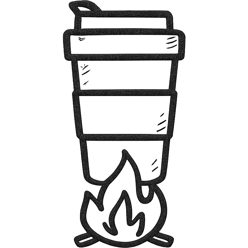 travel mug on a fire, hand drawn outlined icon style, no fill emoji