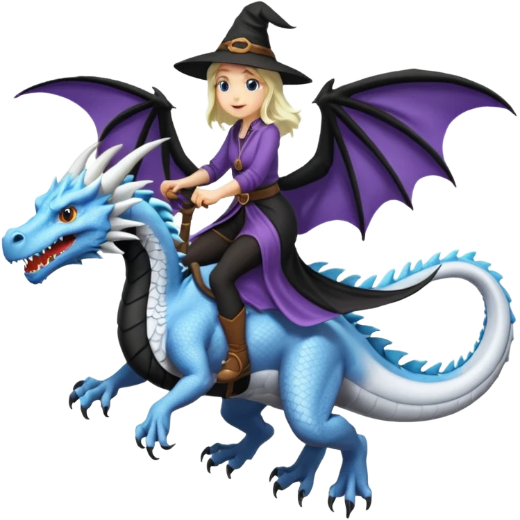 Big white dragon flying with a witchy female rider on top of it emoji