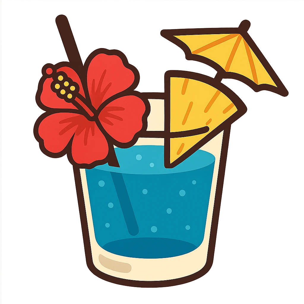 blue tropical cocktail with hibiscus, pineapple, and paper umbrella garnishes, flat toon style emoji