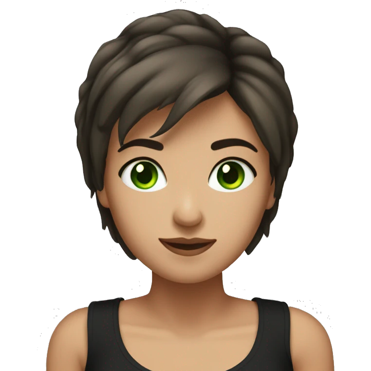 brune lady with short hair, face angle, green eyes with black tank top. emoji