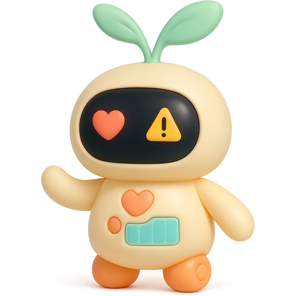 Plushy, rounded seedling robot with soft, plush-like forms. Its body resembles a young sprout with smooth lines. Large round sensor-display eyes that change expressions (❤️ for good harvest, ⚠️ for problems). Two movable leaf antennas on the head that move when working (one twitches when collecting data, both rise up when analysis is successful). On the chest — a stylized heart with solar panels that glows softly when charging. Short, slightly clumsy arms and legs like a baby robot. On the paws — suckers or tiny wheels to "roll" around the greenhouse. emoji