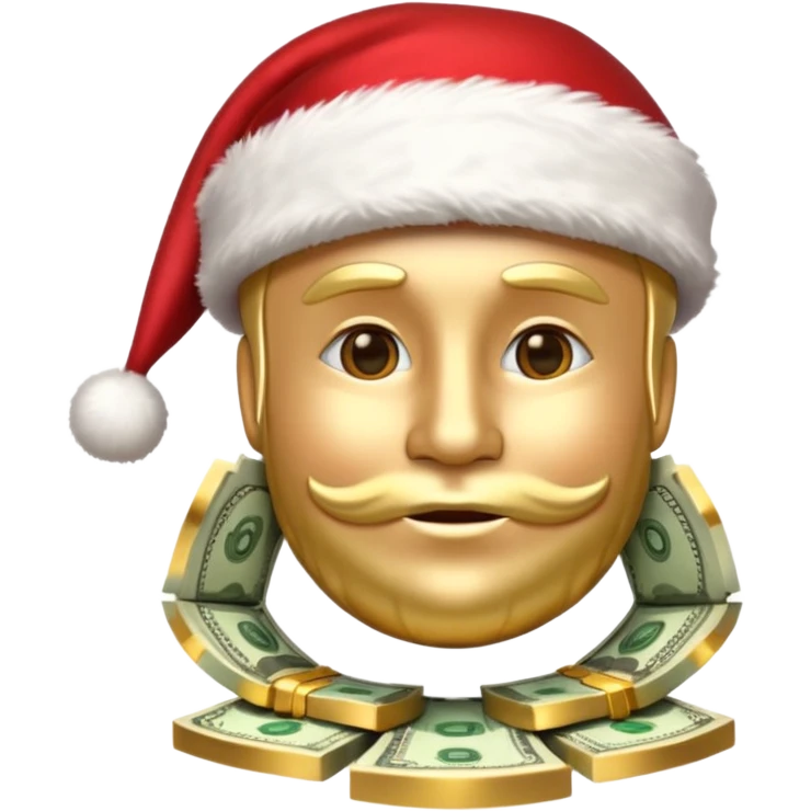 A confident rich emoji face wearing a Santa hat, money stacks, casino vibe, New Year theme, premium 3D emoji style, sharp details, no text, isolated on transparent background emoji