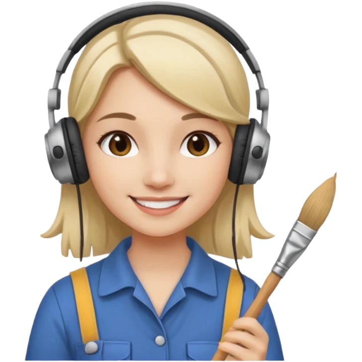 female artist wearing headphone, holding painter emoji