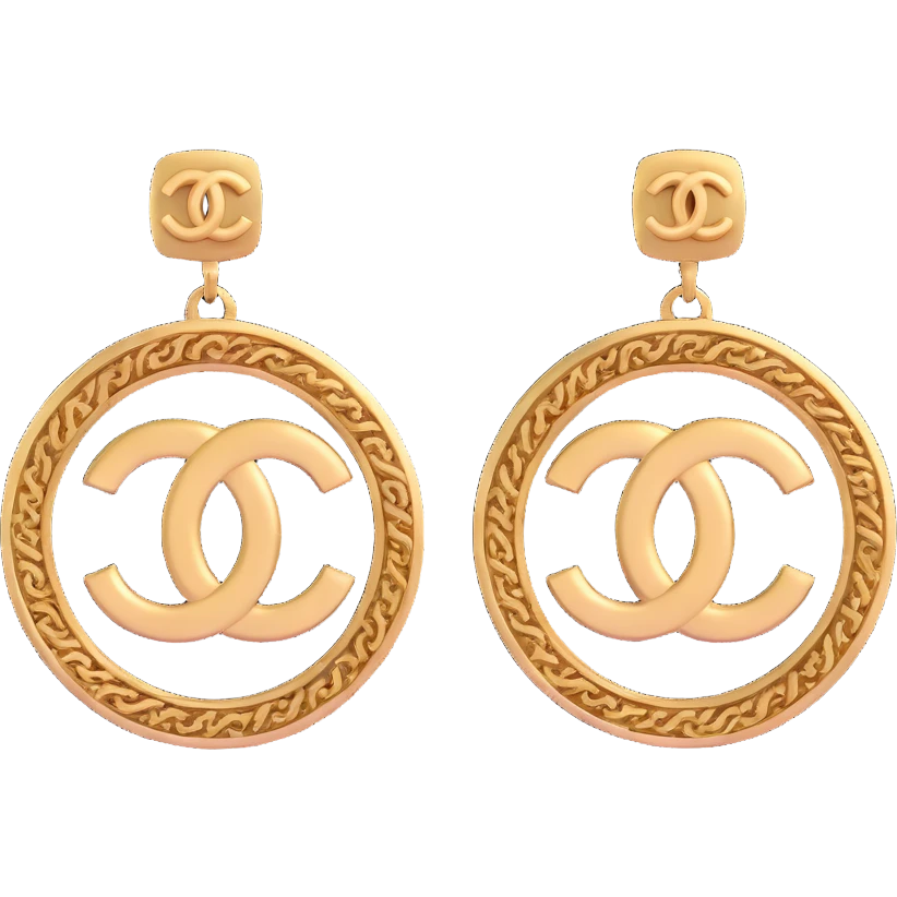 3D emoji-style vintage-inspired Chanel logo earrings, ornate and elegant emoji