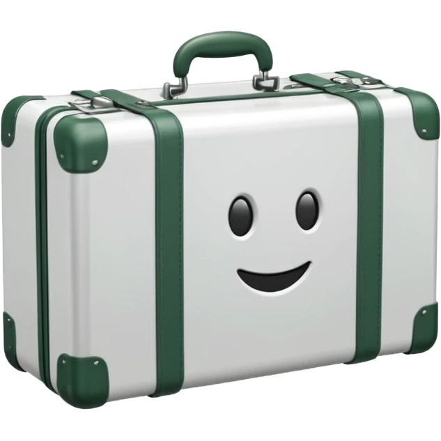 white steel suitcase with embossed surface, wheels, handle and corners dark green, emoji style emoji