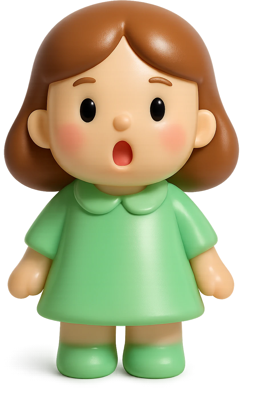 girl in green clothes, soft pastel color palette, surprised expression, icon-like appearance emoji