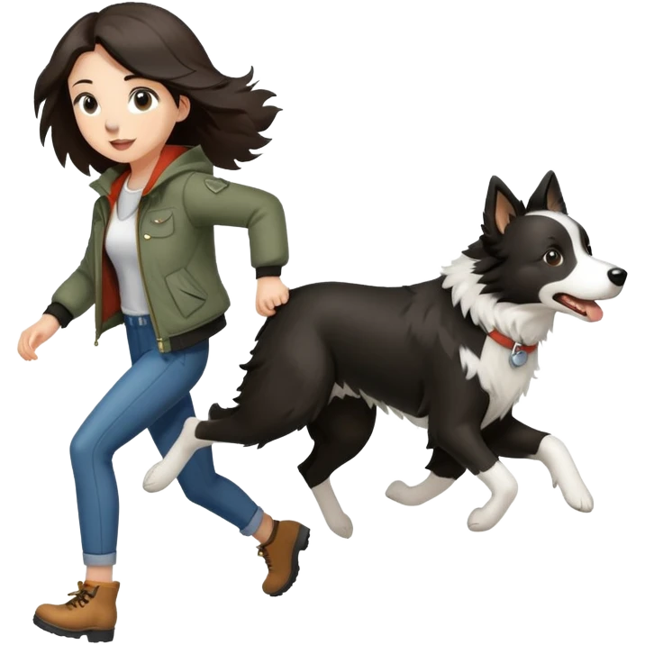 A beautiful girl with fair skin wearing a jacket chasing a Border Collie emoji