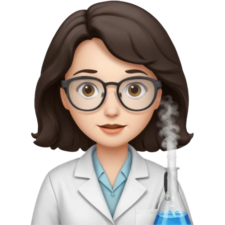 A crazy female scientist, with wavy dark brown hair, brown eyes and grey glasses and pale skin  emoji