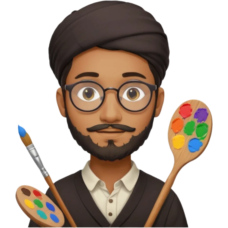generate an ios genmoji of a 20 year old tan indian boy with rounded spectacles and a AMISH beard, carrying a paintbrush and palette emoji