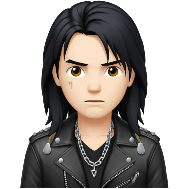 A fan of heavy extreme music, a metalhead with long black hair, rivets in chains on a leather jacket emoji