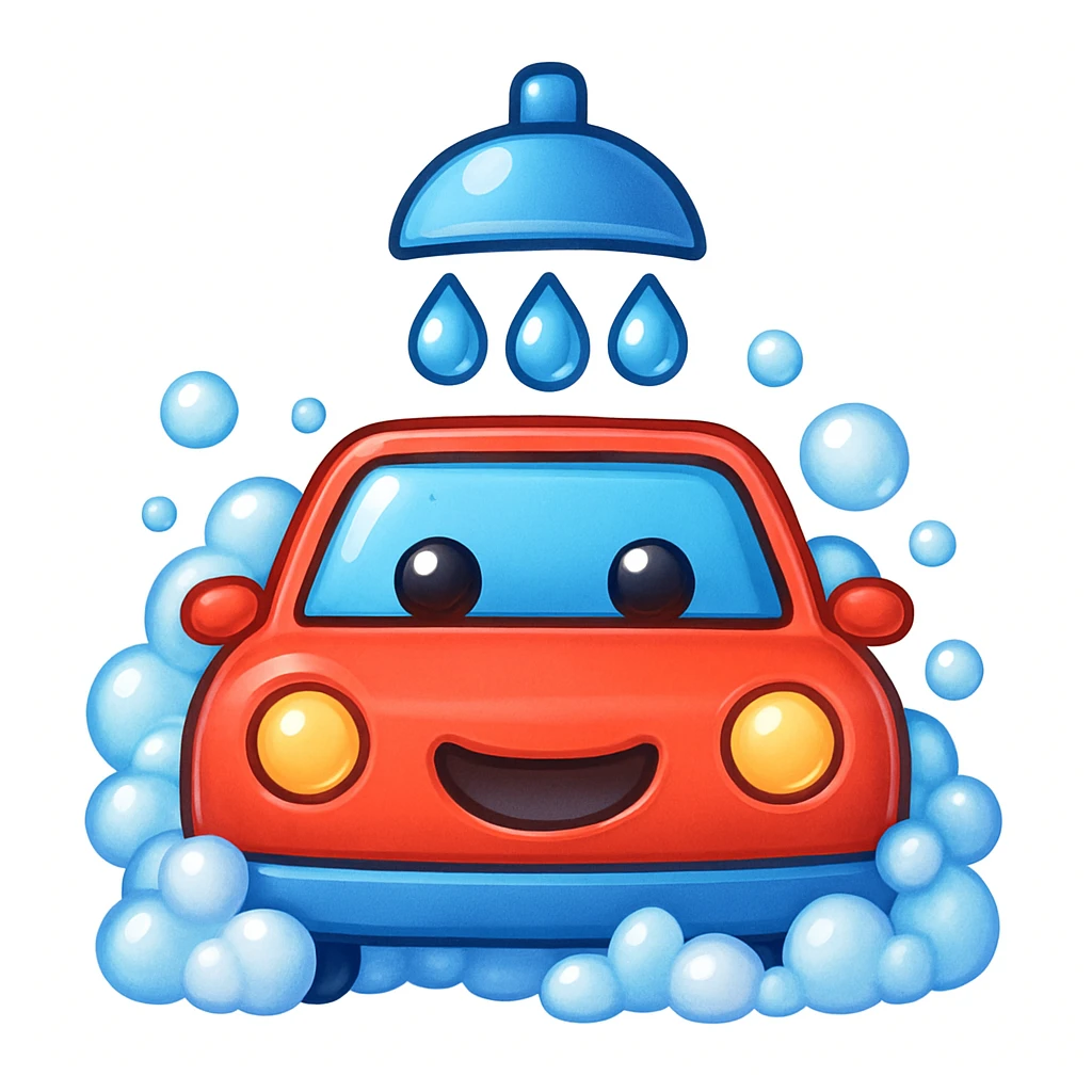 Make this car wash icon look even more like an Apple emoji, with lots of bubbles, a very cute and expressive style, and a glossy emoji finish. Emphasize the Apple emoji look as much as possible in the style of Apple emojis. emoji