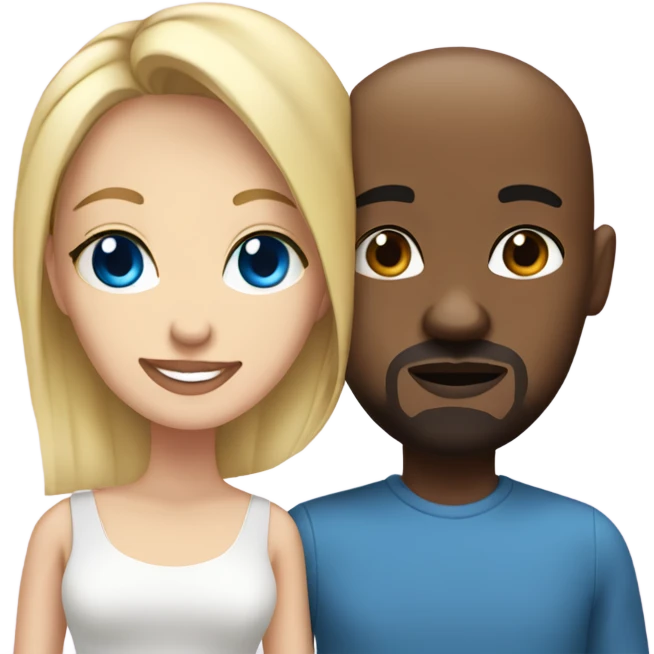 Blonde woman with blue eyes and black man who is bald with a goatee in love with each other  emoji